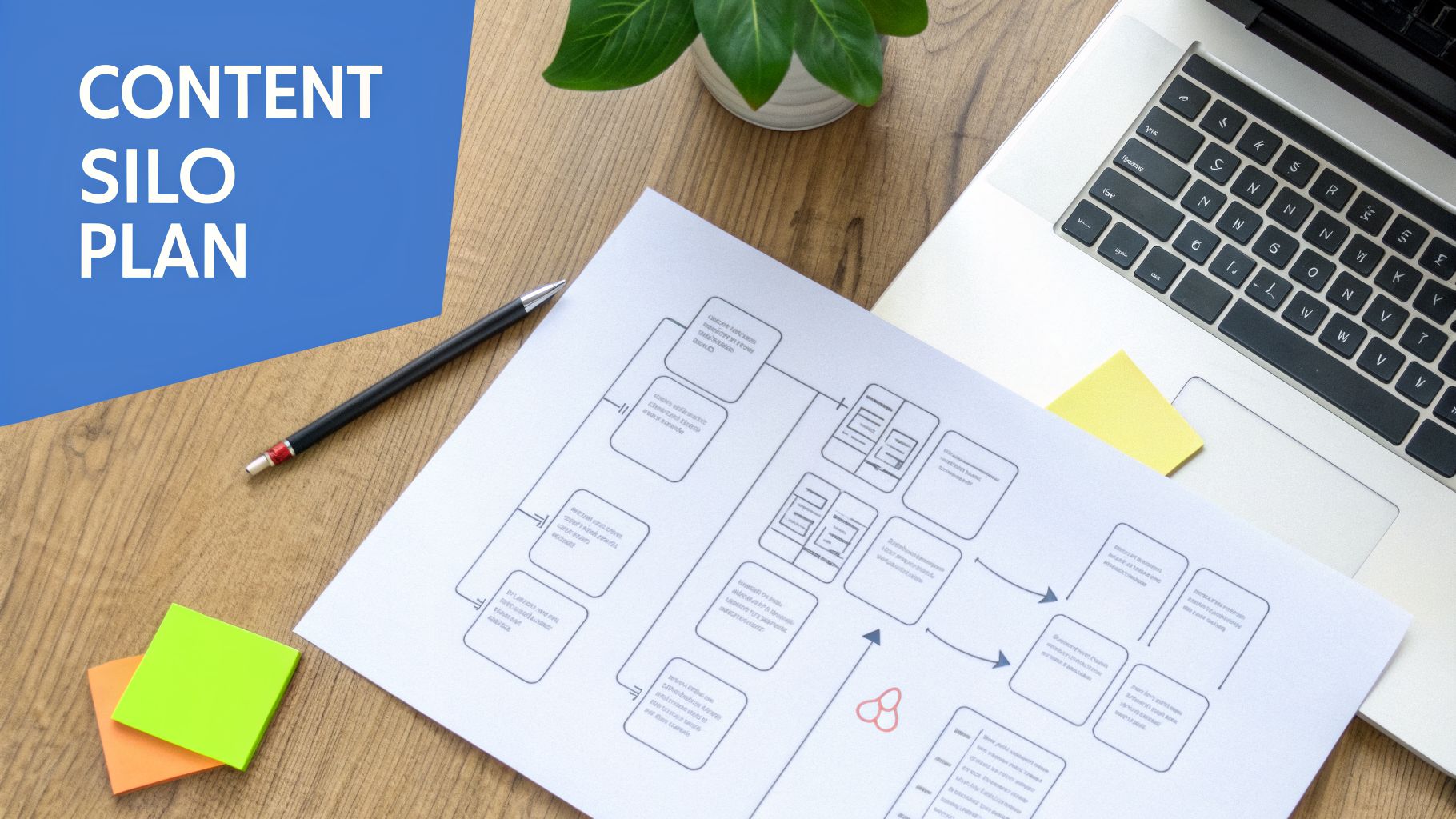 Overhead shot of a desk with a content silo plan diagram, laptop, pen, and sticky notes.