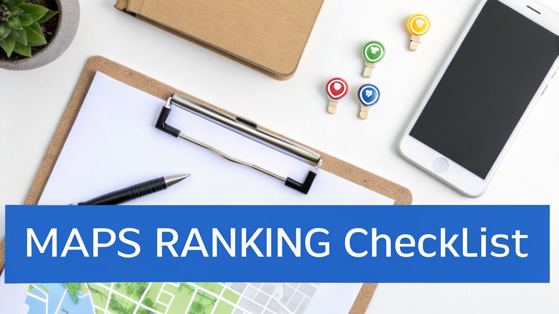 Overhead shot of a desk with a 'MAPS RANKING Checklist' banner, phone, clipboard, and map pins.