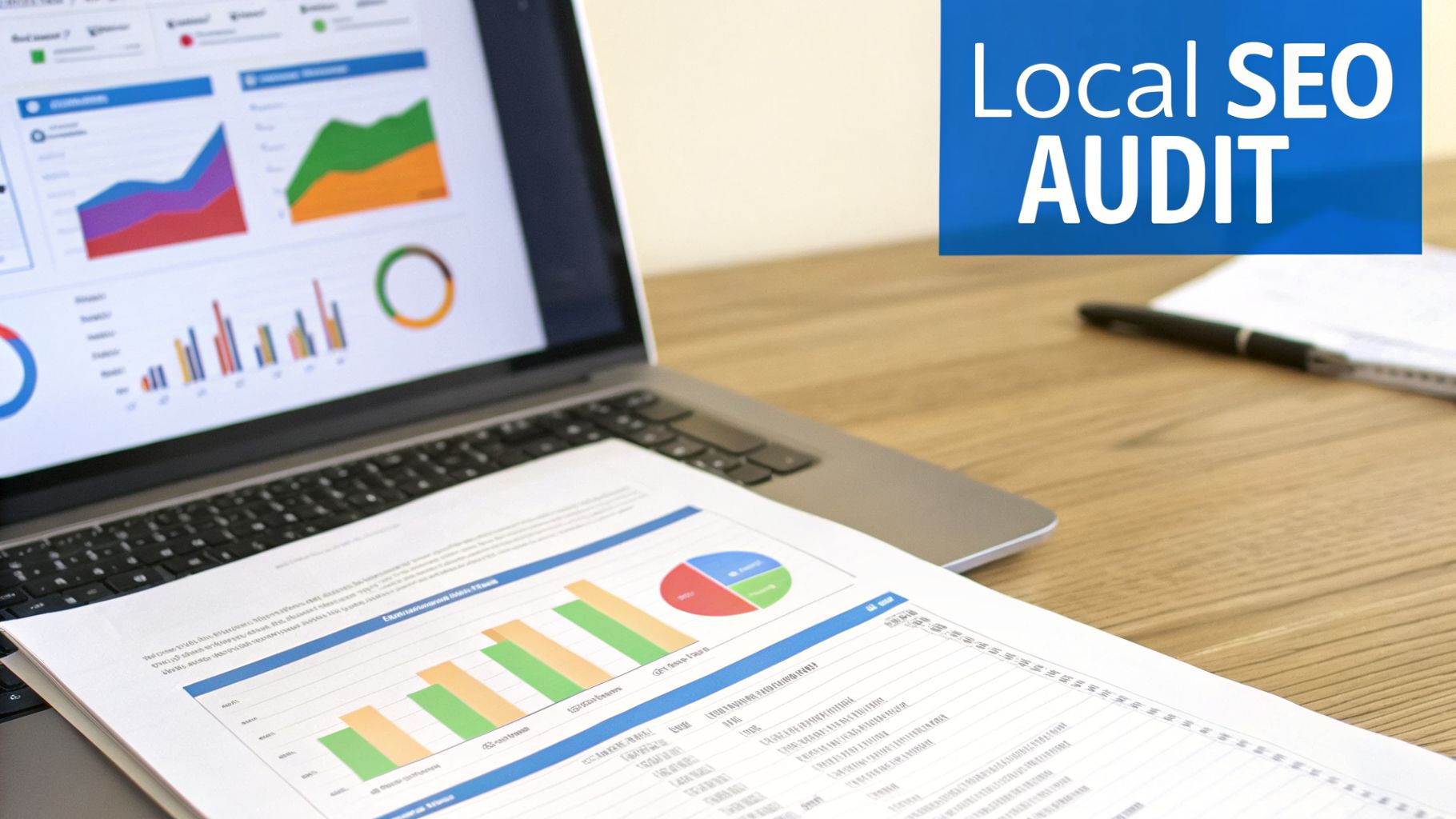 A laptop and papers displaying graphs and charts for a local SEO audit on a wooden desk.