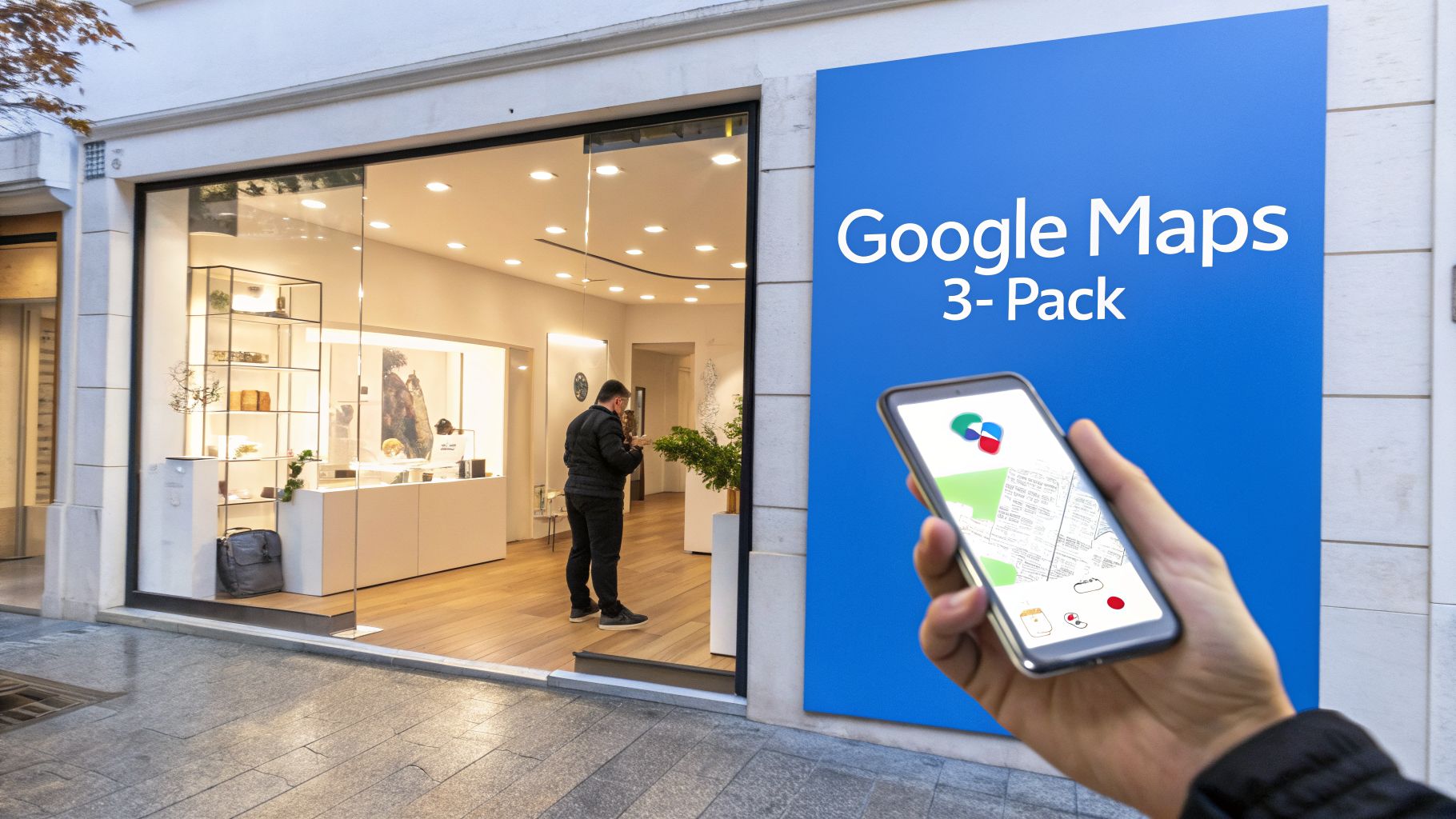 A person holds a phone showing Google Maps next to a storefront with a 'Google Maps 3-Pack' sign.