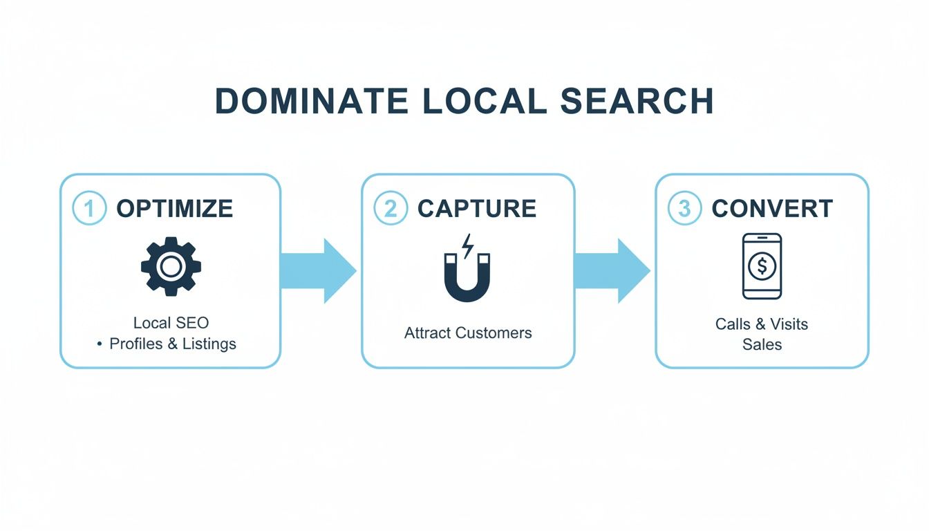 Diagram showing a 3-step process to dominate local search: Optimize, Capture, Convert, leading to sales.