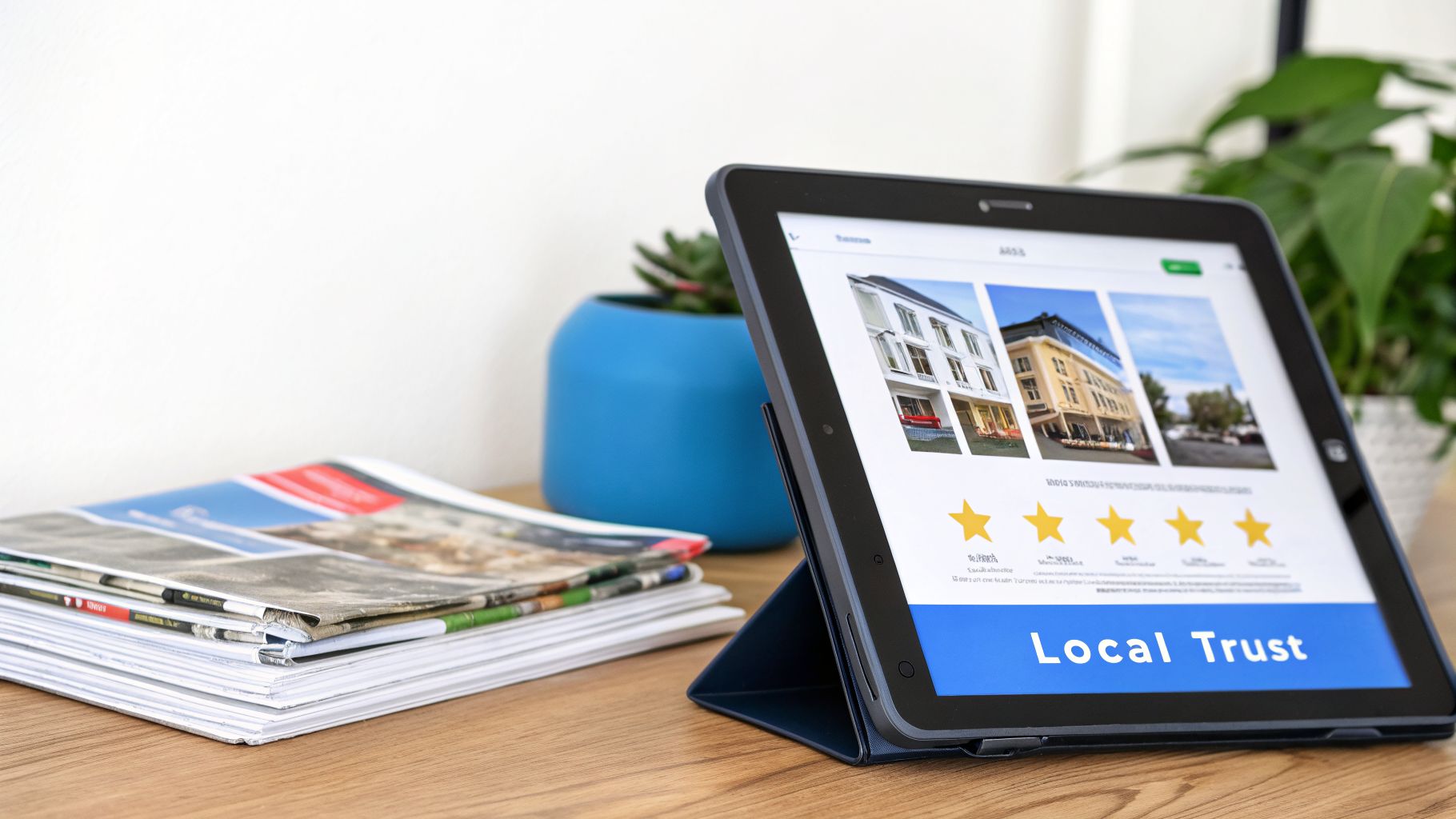 A tablet displaying a 'Local Trust' website with property listings, 5-star reviews, and a potted plant on a wooden desk.