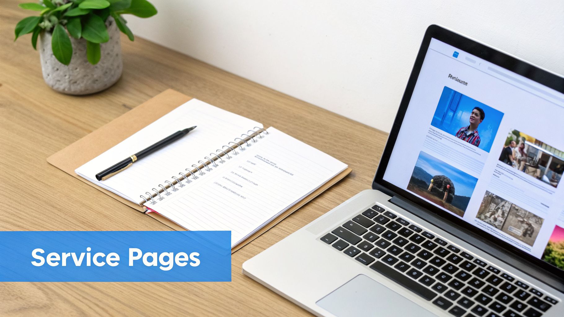 A bright workspace featuring a laptop displaying a website, an open notebook with a pen, and a green plant.