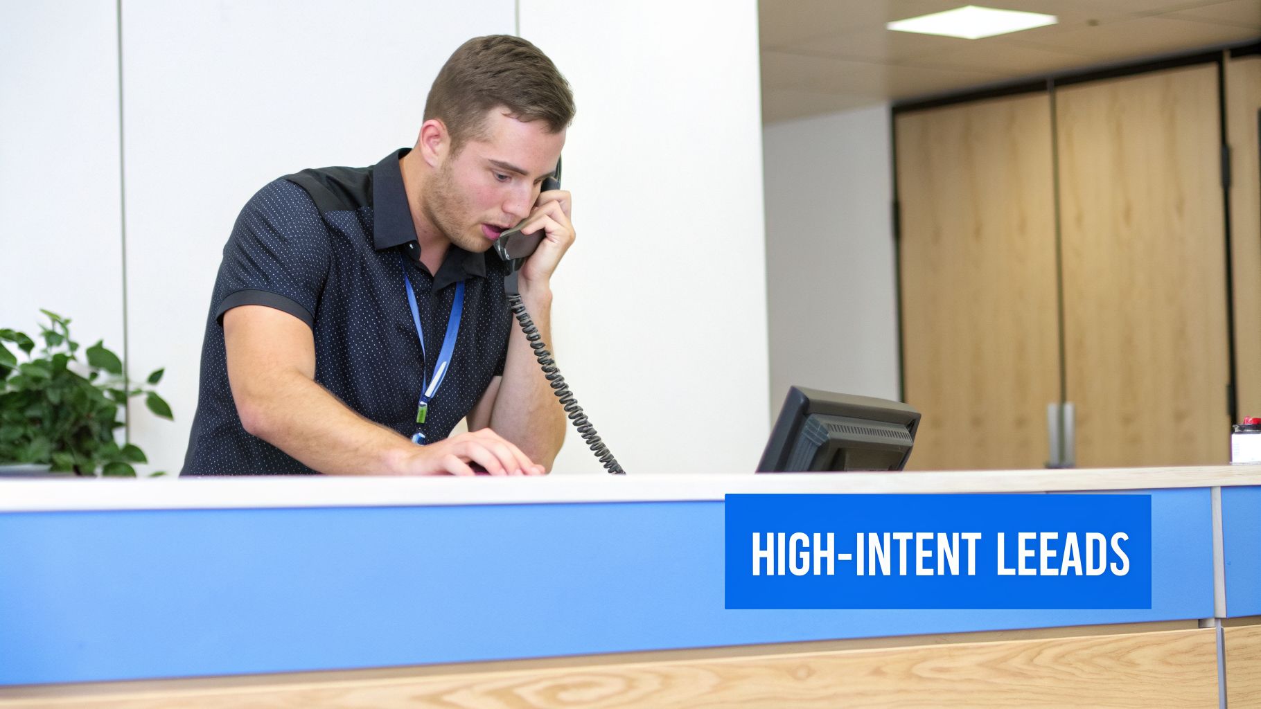 A young man in a black polo shirt talks on a corded phone at an office reception desk.