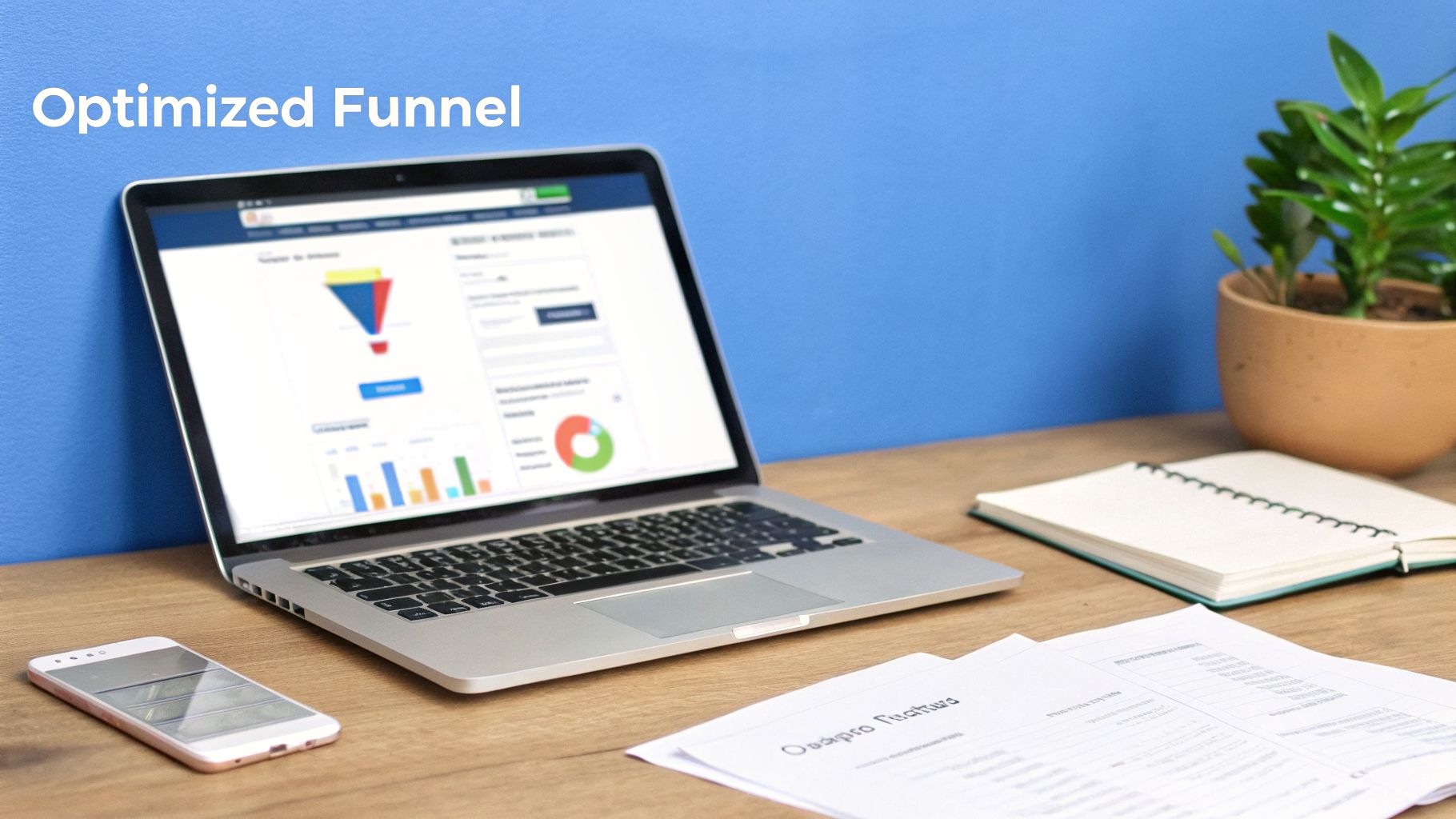 A laptop displays an optimized sales funnel dashboard with charts and data on a wooden desk.