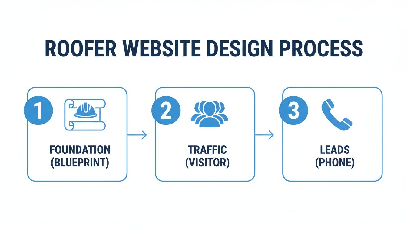 Infographic illustrating a roofer website design process with three steps: foundation, traffic, and leads.