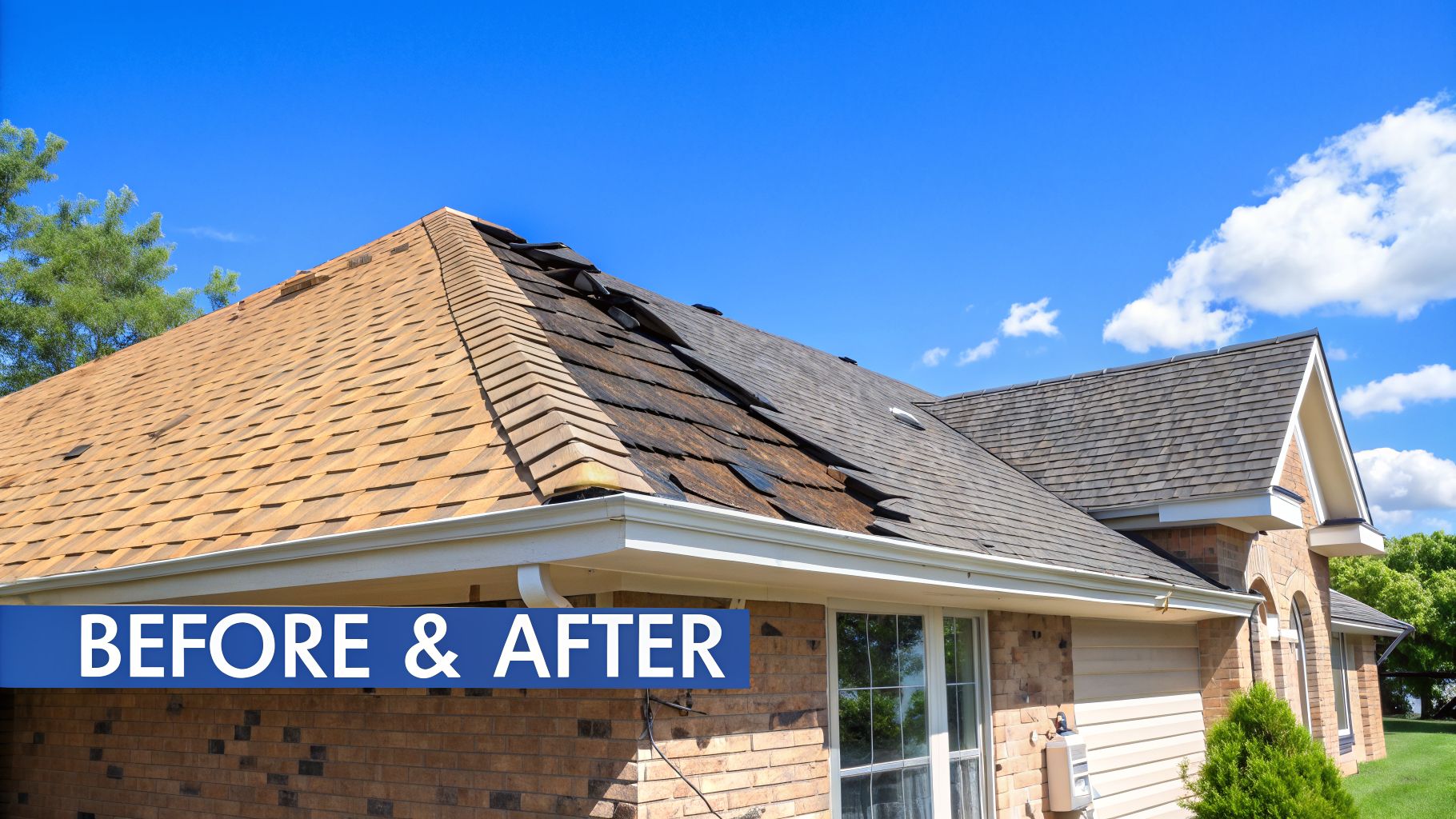 Before and after view of a residential roof replacement, showing new and old shingles under a blue sky.