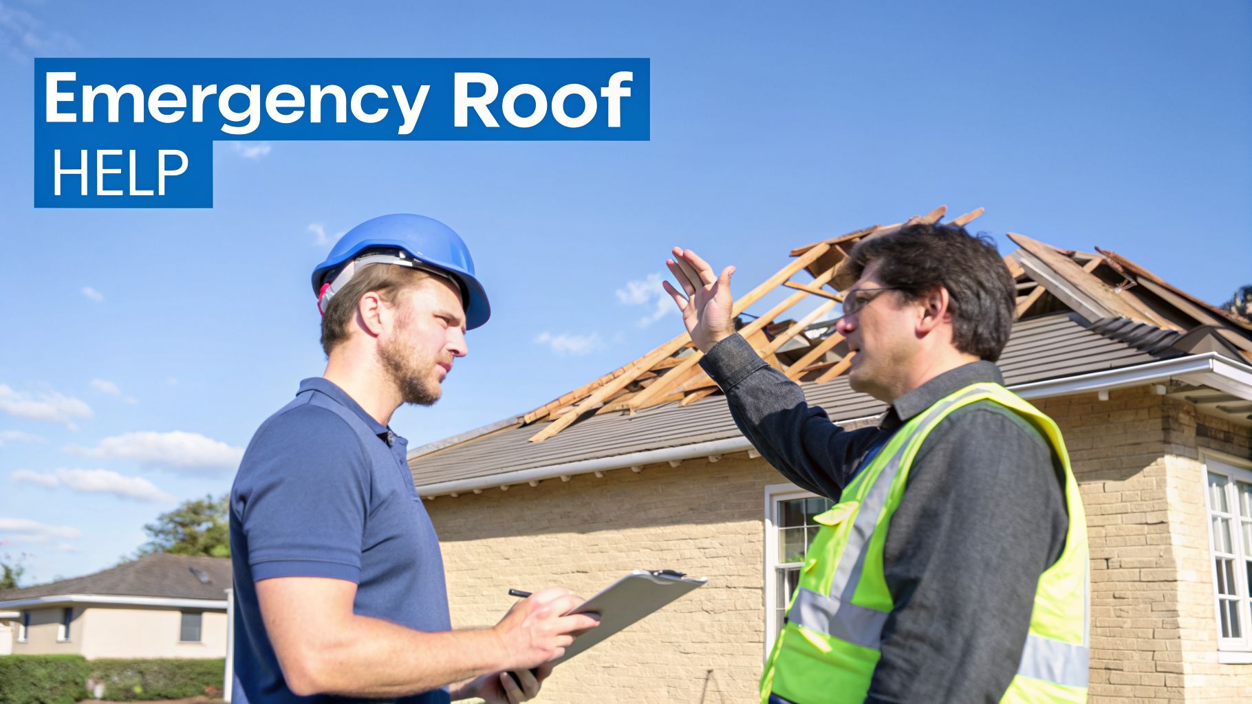 Two contractors discuss emergency roof repairs on a damaged house with exposed rafters under a clear sky.