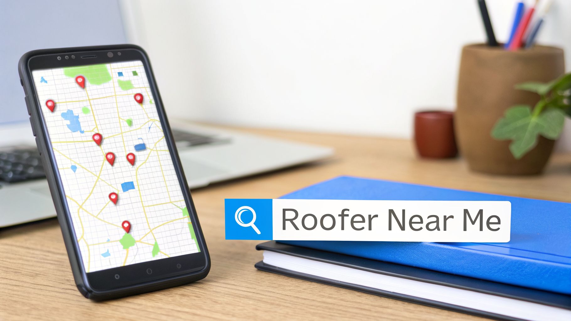 A smartphone displays a map with multiple red location pins, next to a search bar showing 'Roofer Near Me'.