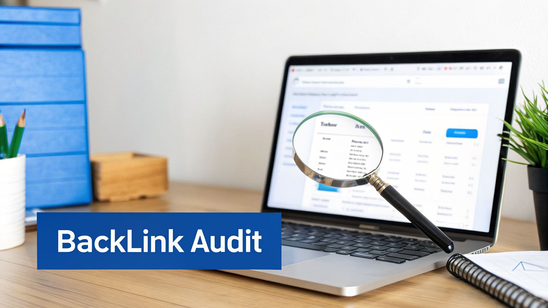 A magnifying glass inspecting a backlink audit report on a laptop, with office supplies on a wooden desk.