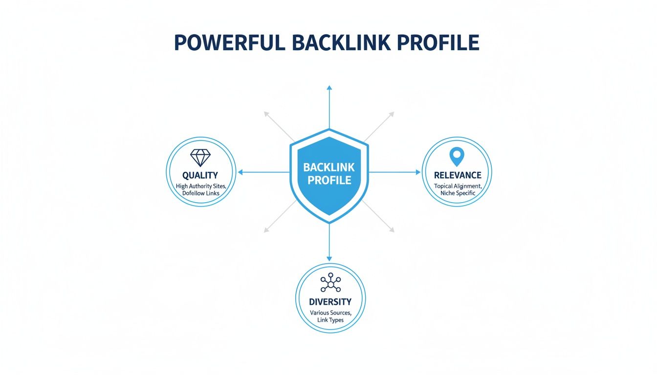 Diagram illustrating the components of a powerful backlink profile: quality, relevance, and diversity.