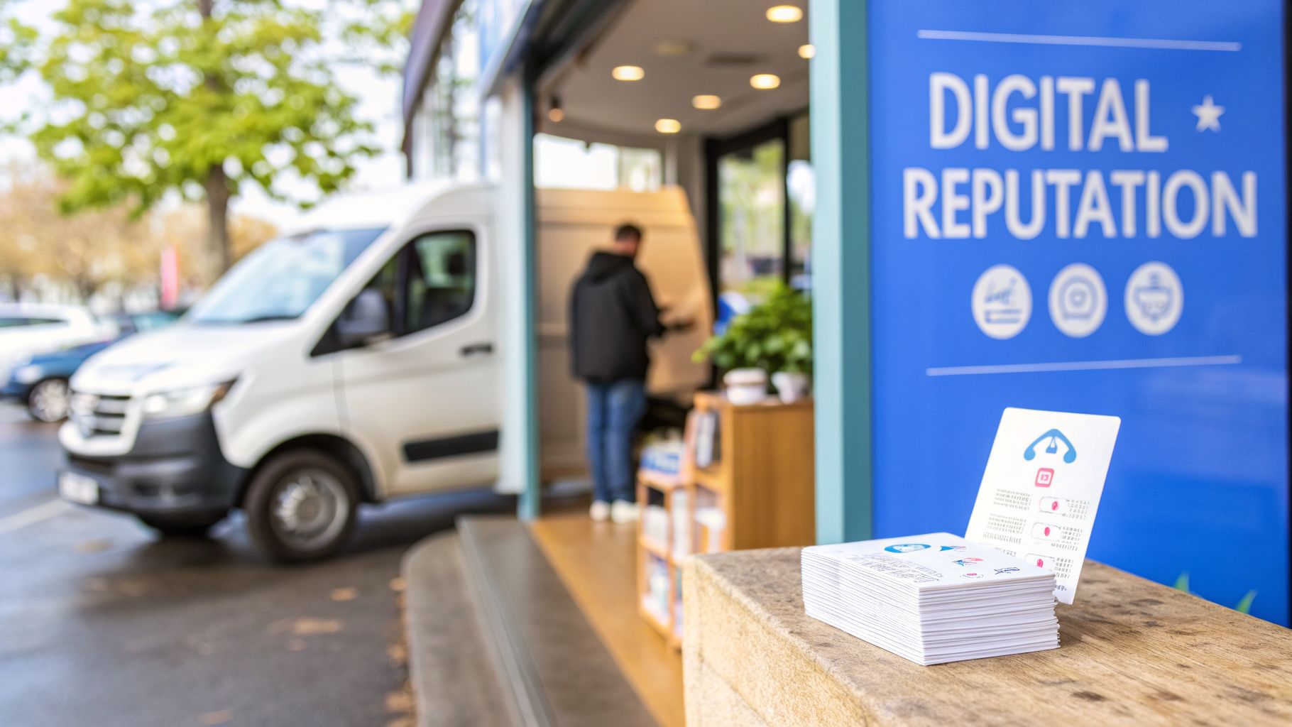 A white delivery van outside a store, with a "Digital Reputation" sign and stacked business cards in the foreground.