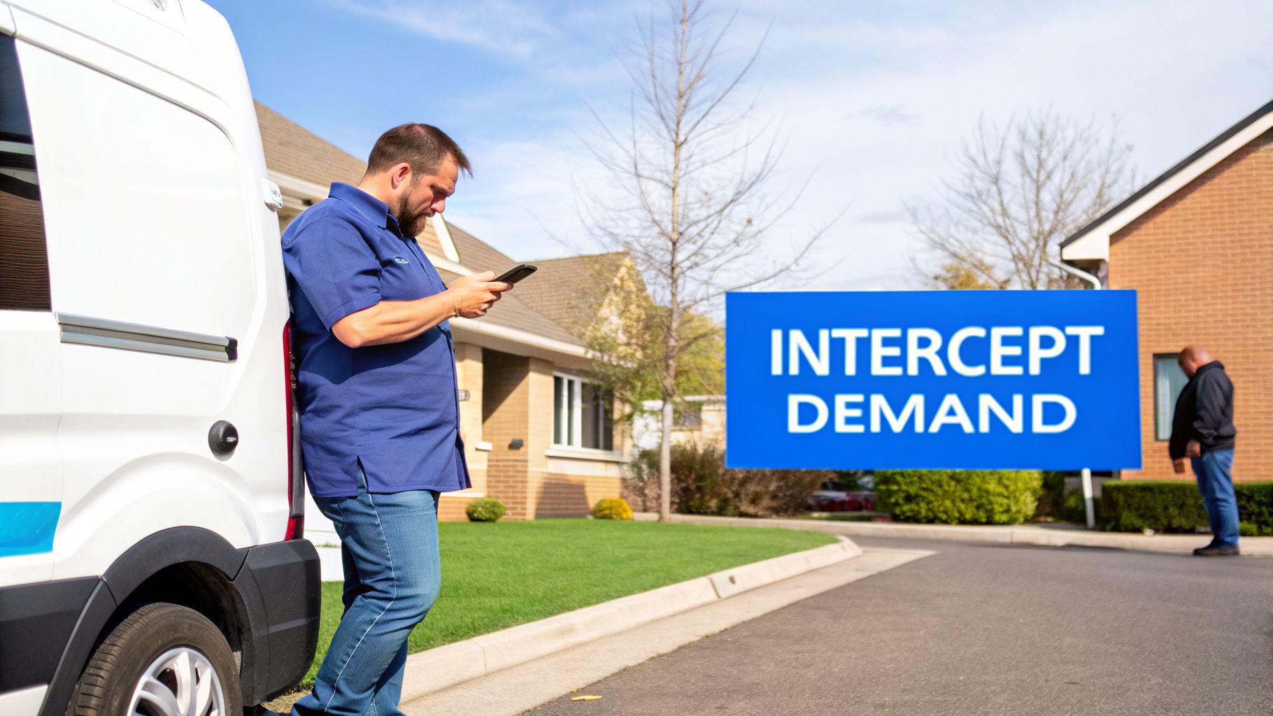 A delivery man in a blue shirt leans against a white van, looking at his phone, on a suburban street with a blue 'INTERCEPT DEMAND' sign.