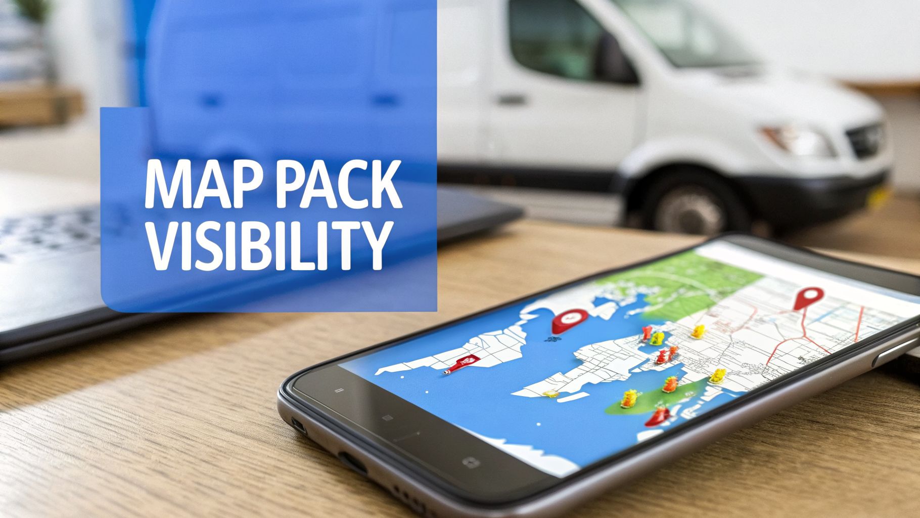 A smartphone displaying a map with multiple location pins and text 'MAP PACK VISIBILITY', with a delivery van in the background.