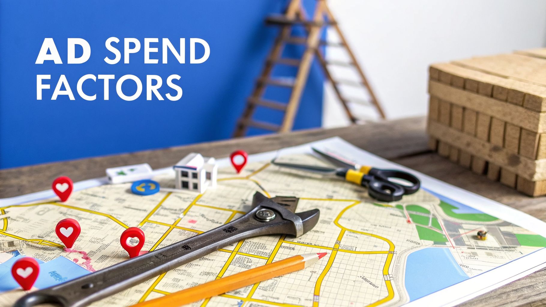 AD SPEND FACTORS text on a blue background, with a map, location pins, and tools.