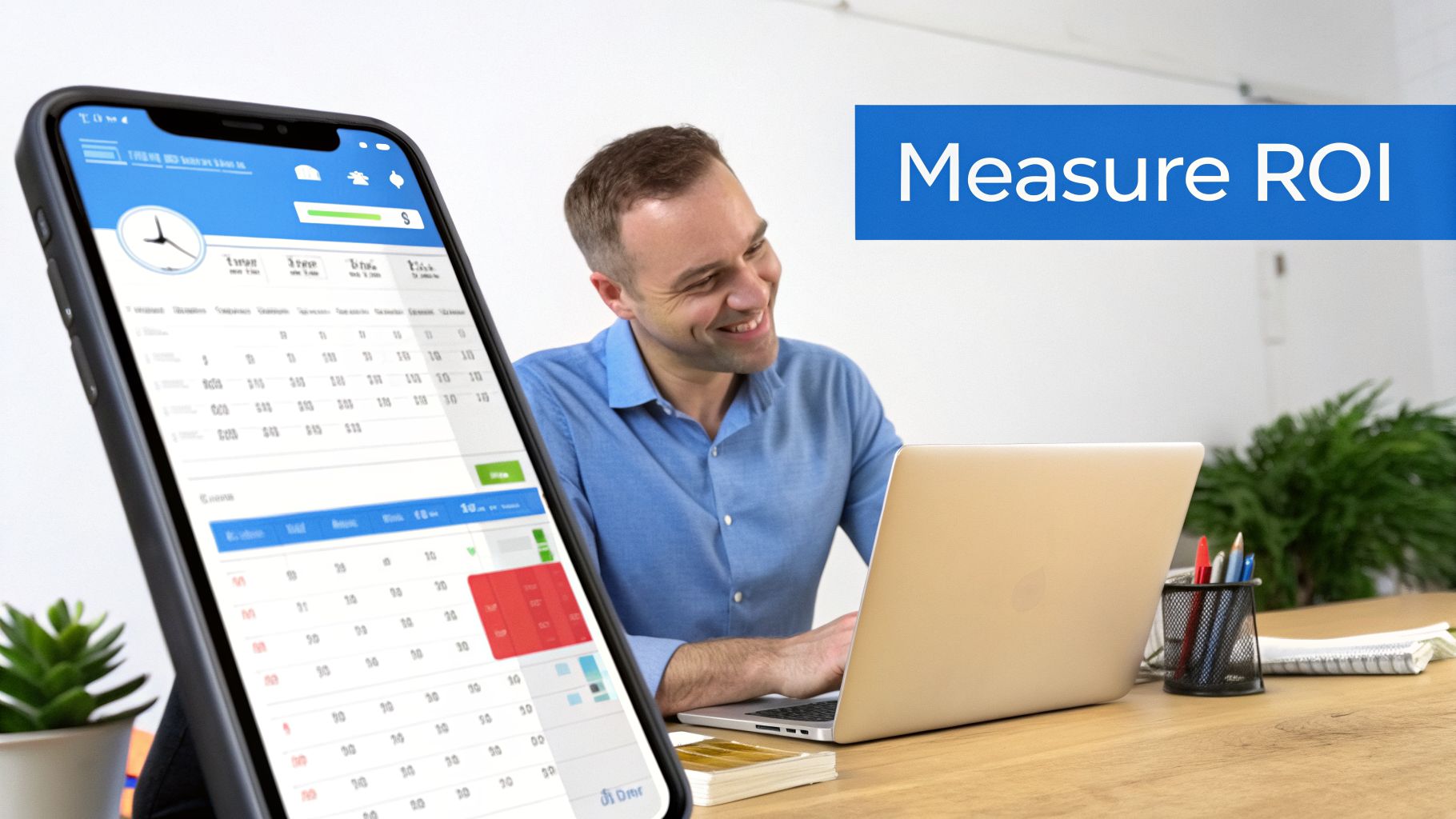 A smiling man works on a laptop, with a smartphone displaying business metrics and 'Measure ROI' text.