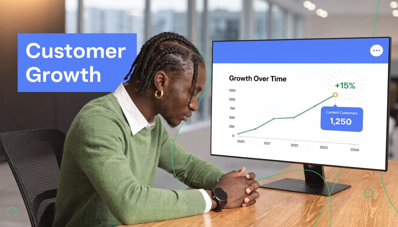 A professional man sitting at a desk looking at a computer monitor displaying a business growth chart.