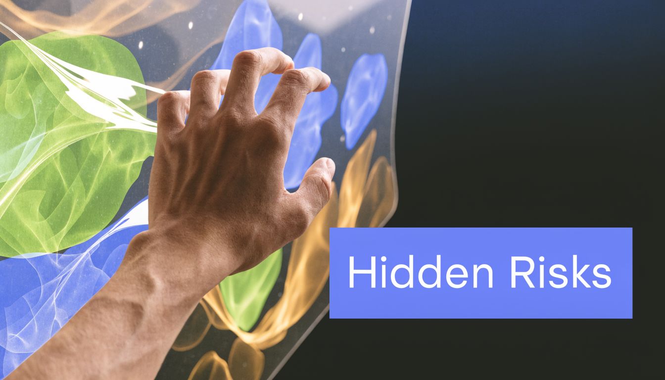 A hand reaching towards a holographic interface with abstract colorful shapes, labeled with the text Hidden Risks.