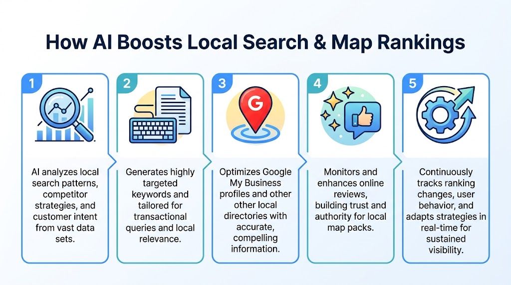 A five-step infographic illustrating how artificial intelligence improves local search results and Google map rankings.