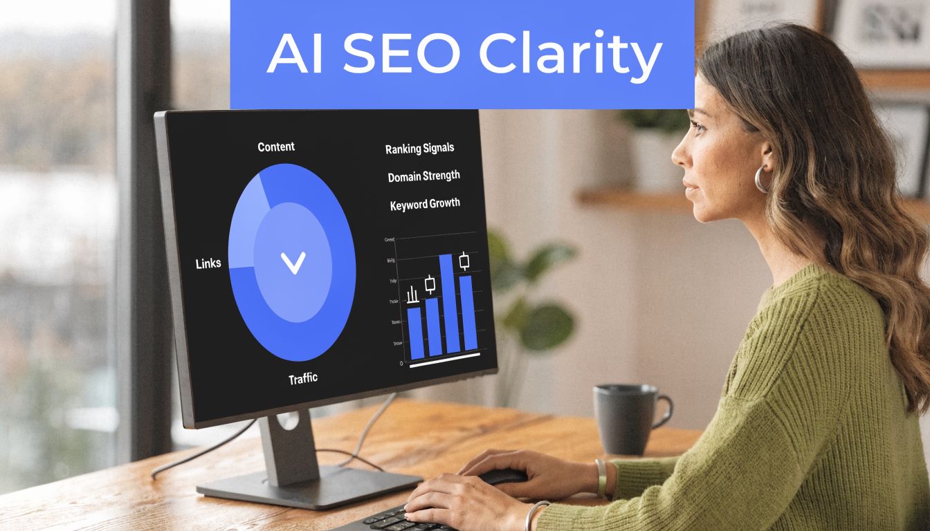A professional woman using a computer showing an AI SEO dashboard with charts and data analytics.