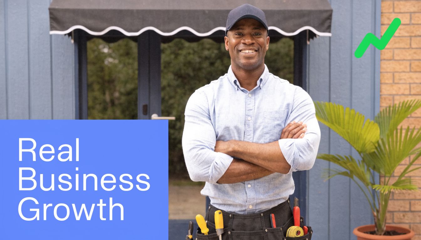 A professional tradesman smiling in front of a building with a tool belt and business growth text.