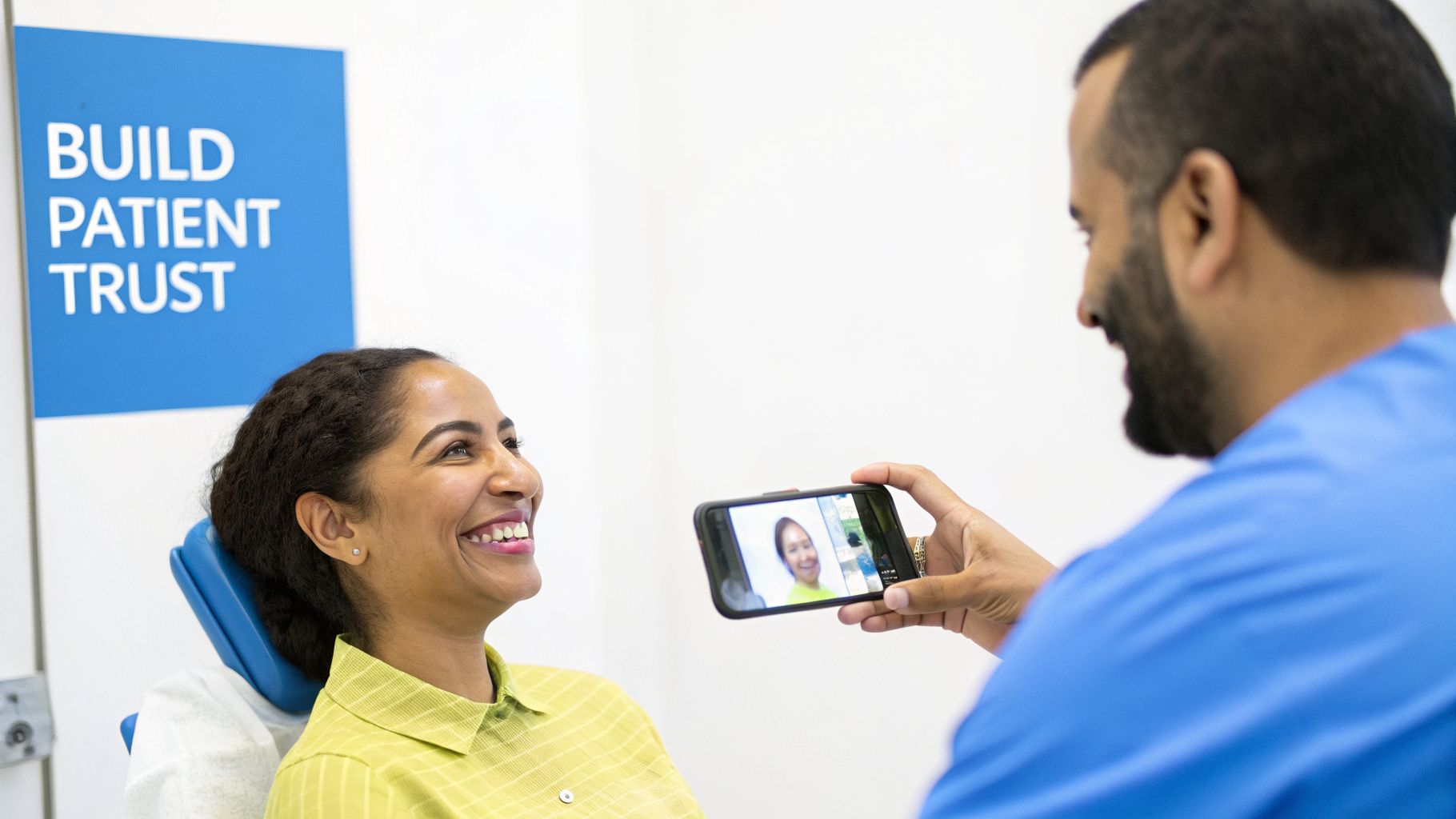 Dentist shows smiling female patient her image on a smartphone, building trust.