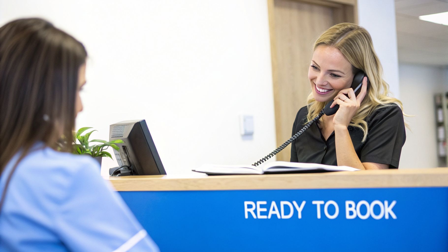A smiling blonde receptionist talks on the phone at a modern desk with a 'READY TO BOOK' sign.