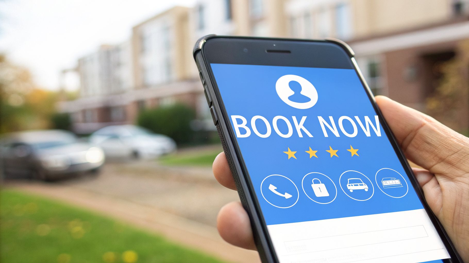 Hand holding a smartphone displaying a "Book Now" app for booking services like car rentals or hotels.