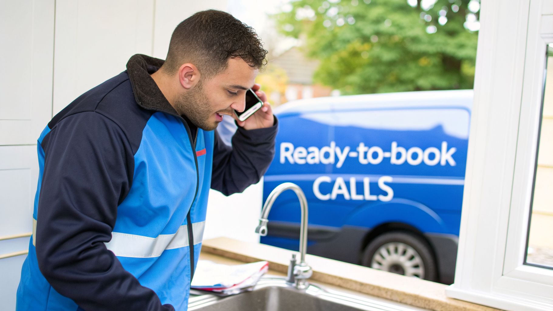 A service technician in uniform talks on a phone next to a sink, with his work van outside.