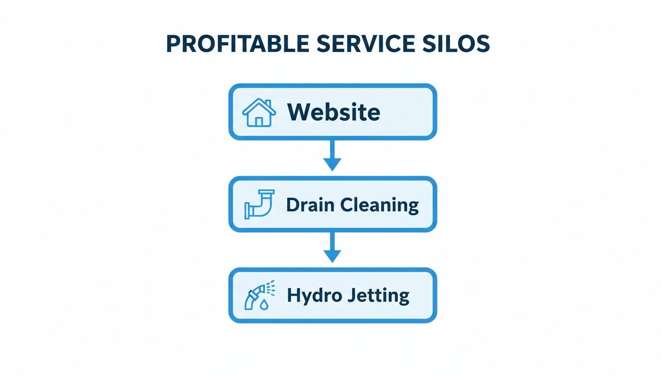 A flowchart showing profitable service silos: Website, Drain Cleaning, and Hydro Jetting, with a progressive flow.
