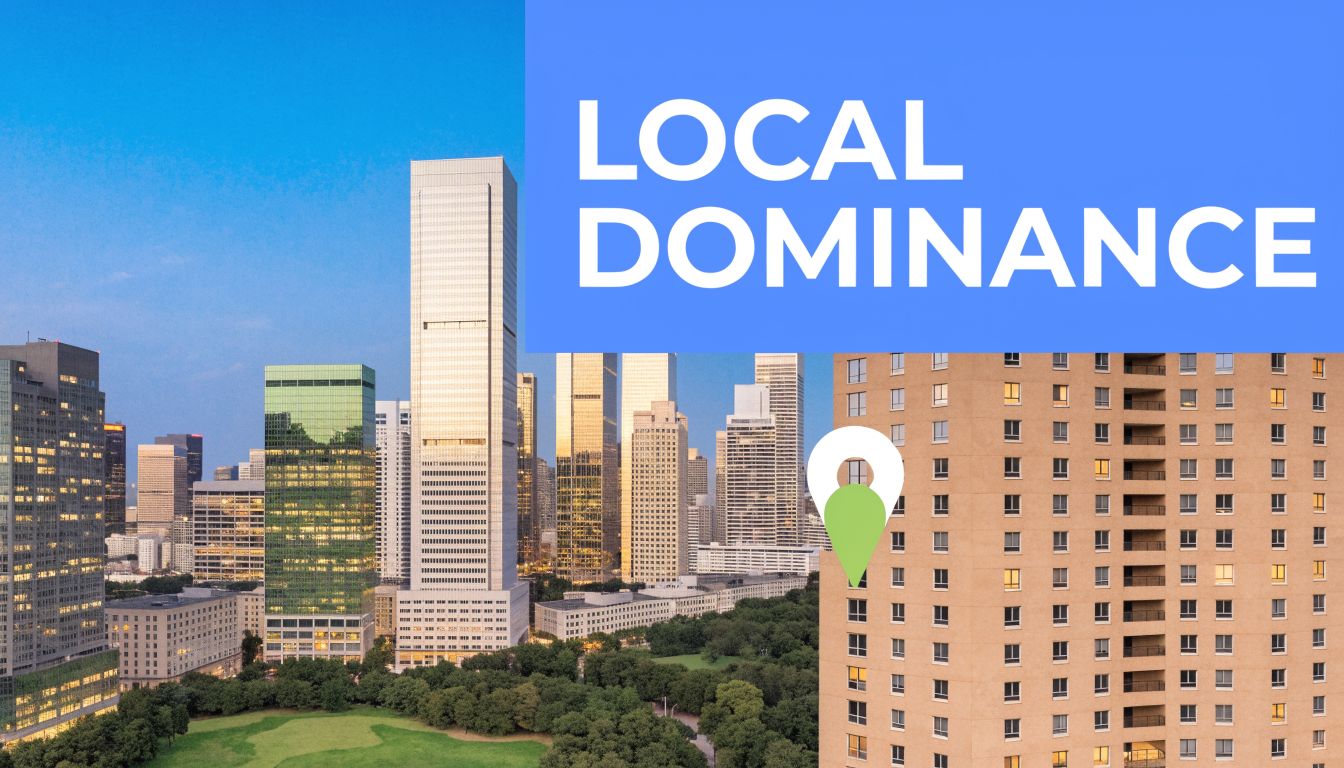 A wide cityscape view of modern skyscrapers next to a tall residential building with a location pin icon.