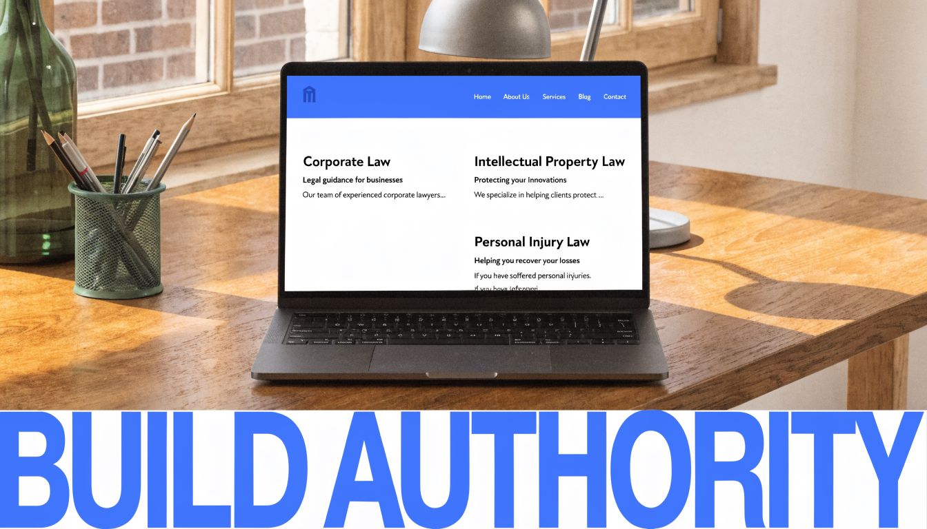 A modern laptop on a wooden desk displaying a legal website for a law firm business services.