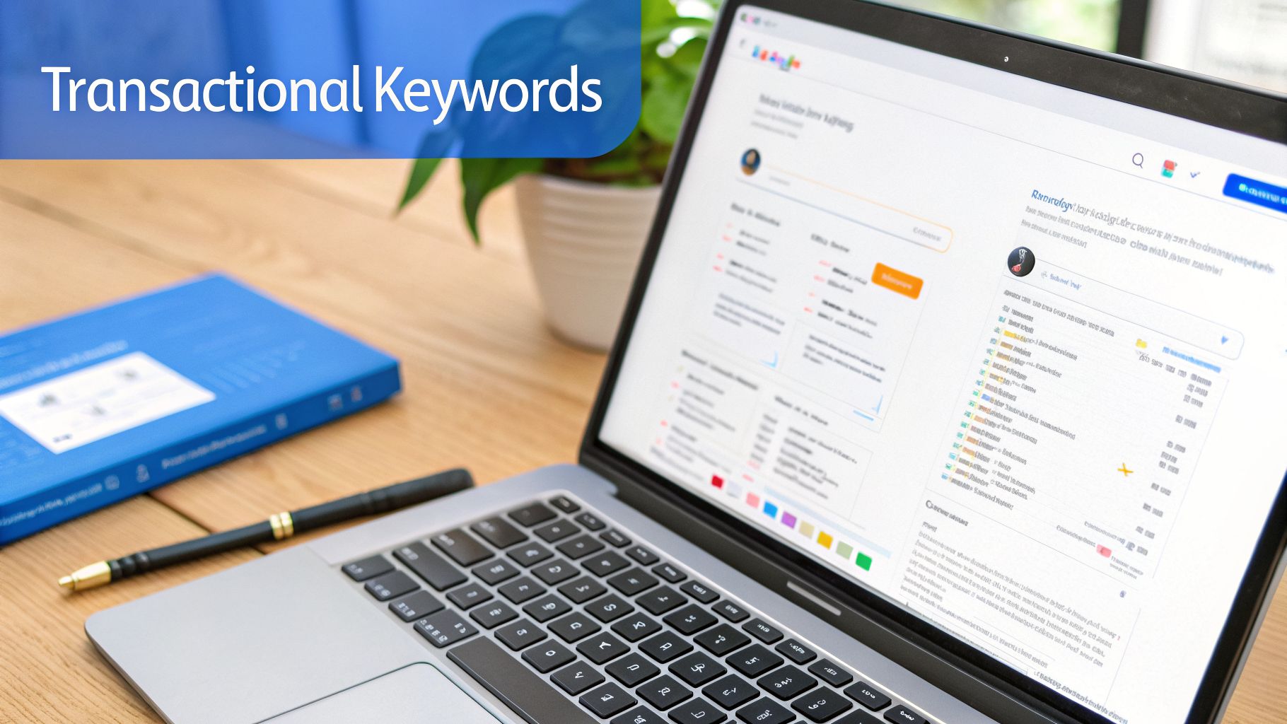 Laptop on a wooden desk displays data, with a blue book and pen. Text reads 'Transactional Keywords'.