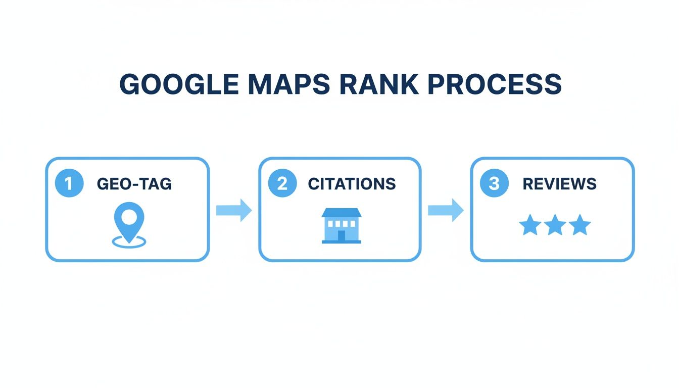 Diagram illustrating the Google Maps rank process, including geo-tagging, citations, and reviews.