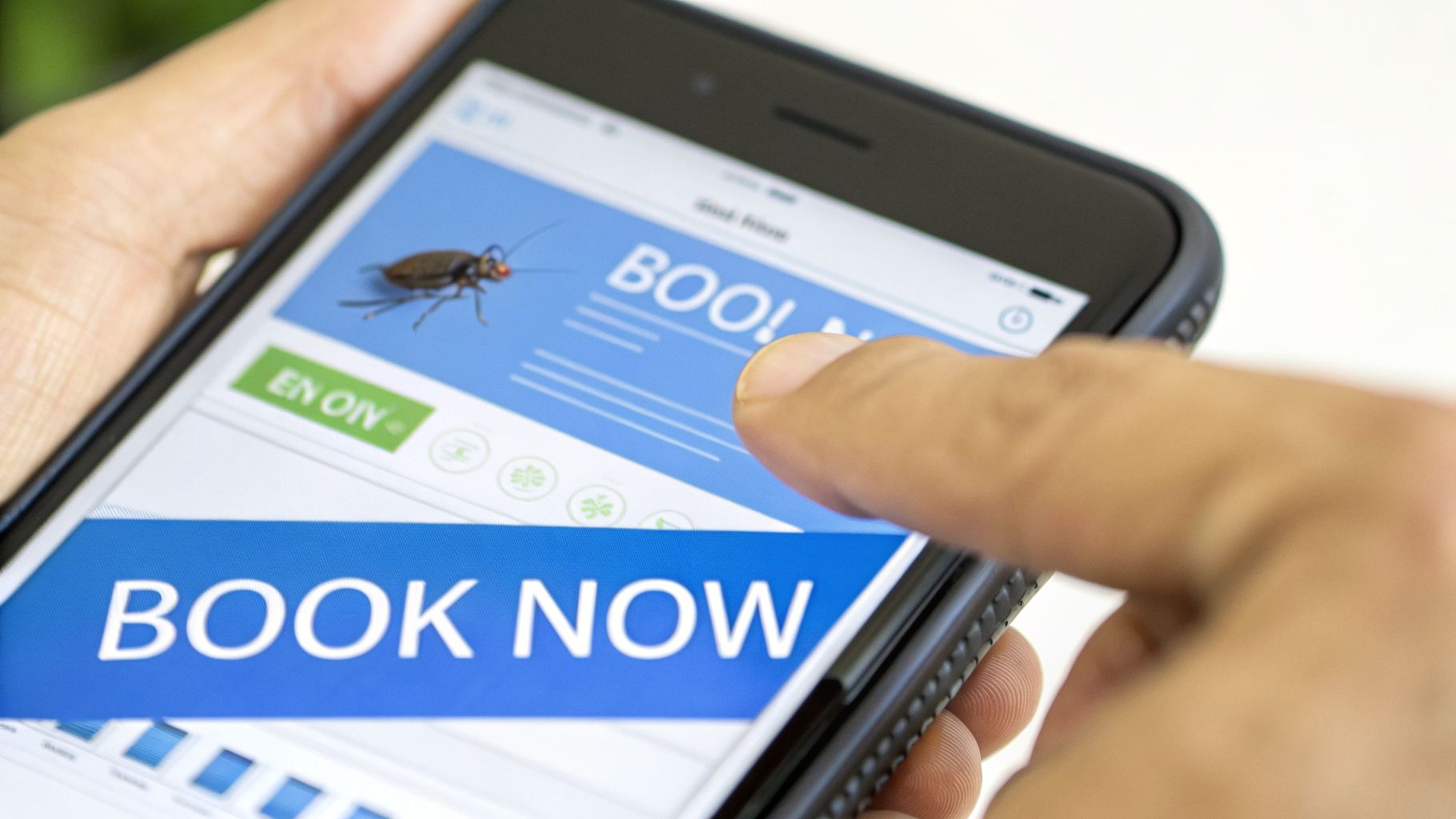 A hand holds a smartphone displaying a pest control app with an insect and 'BOOK NOW' button, for digital service booking.