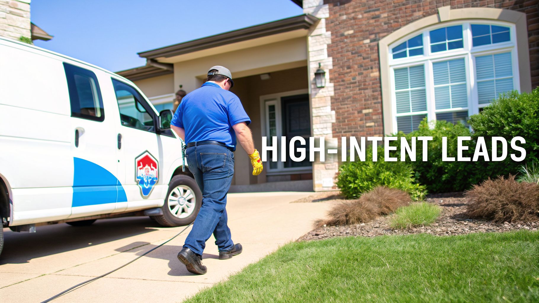A service technician in a blue shirt walks from a white van towards a white suburban house.