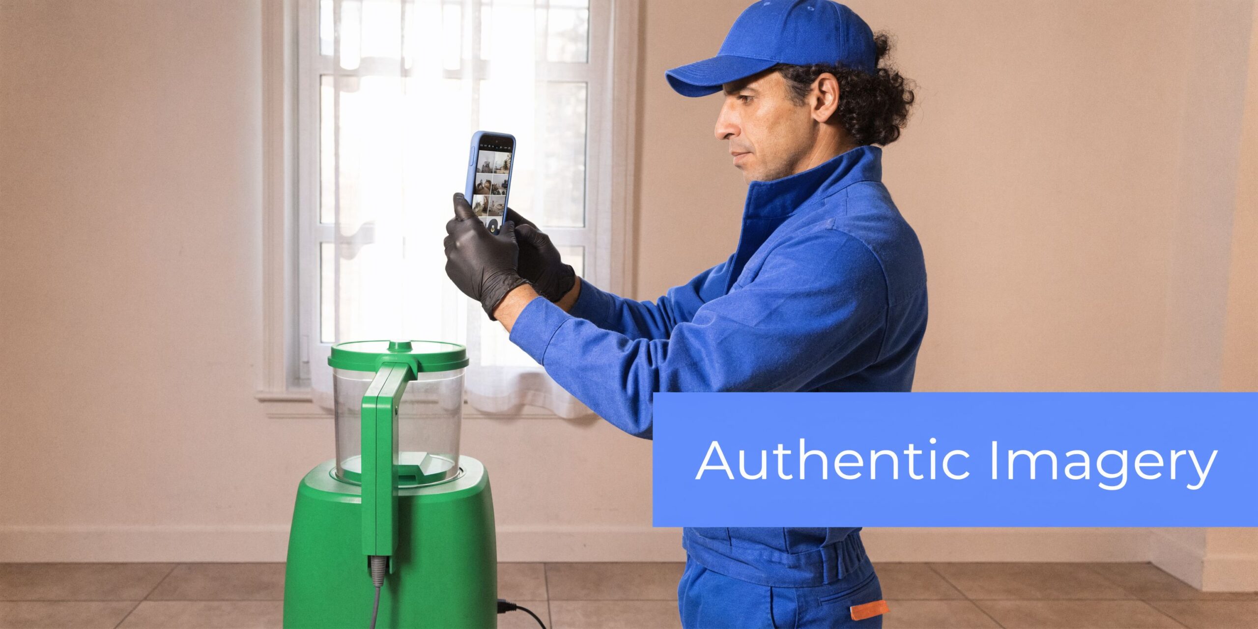 A maintenance worker in a blue uniform takes a photo of a green industrial appliance with his smartphone.