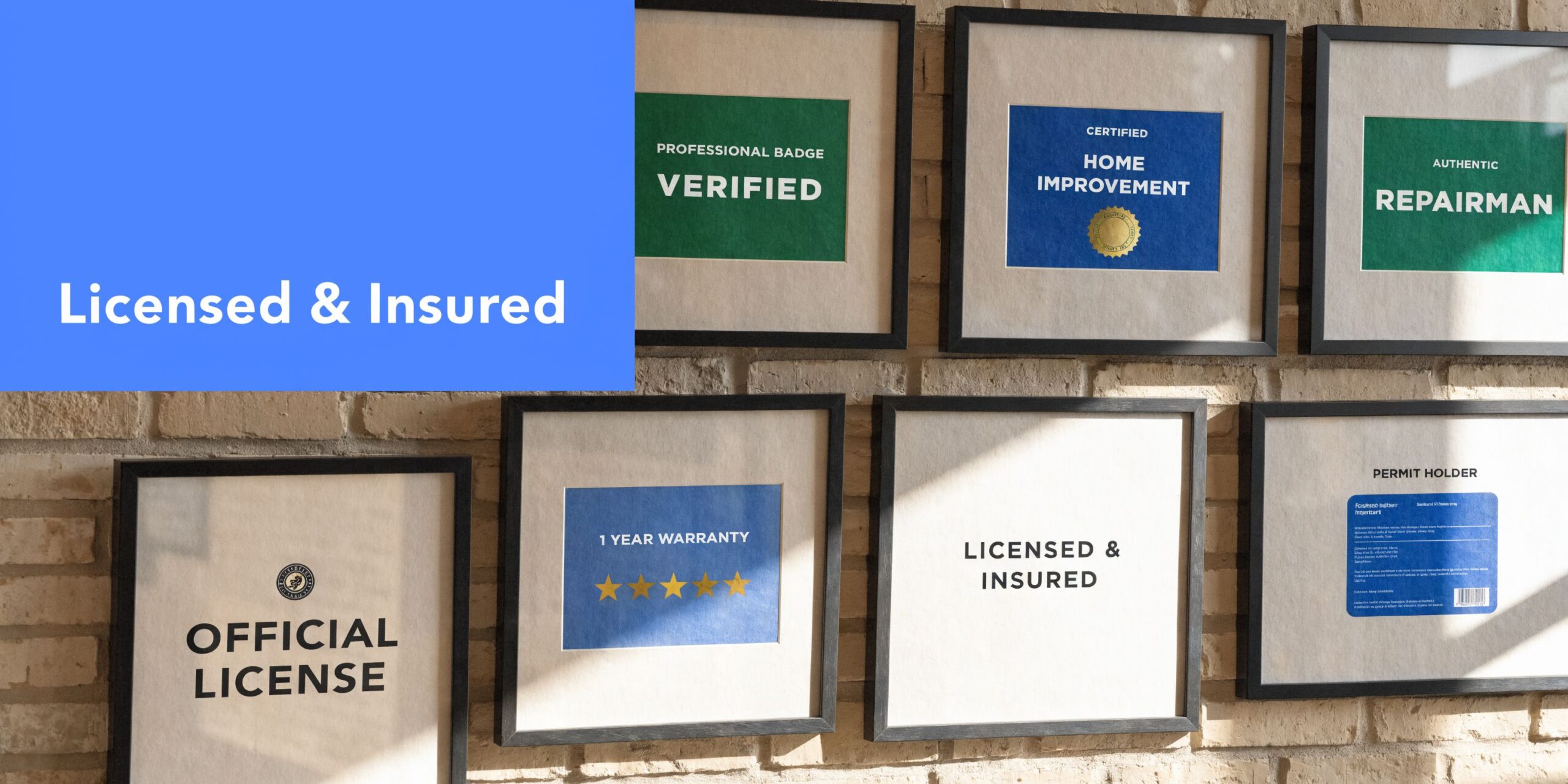 A gallery wall featuring framed certificates showing professional certifications, warranties, and licensed repairman credentials for home services.