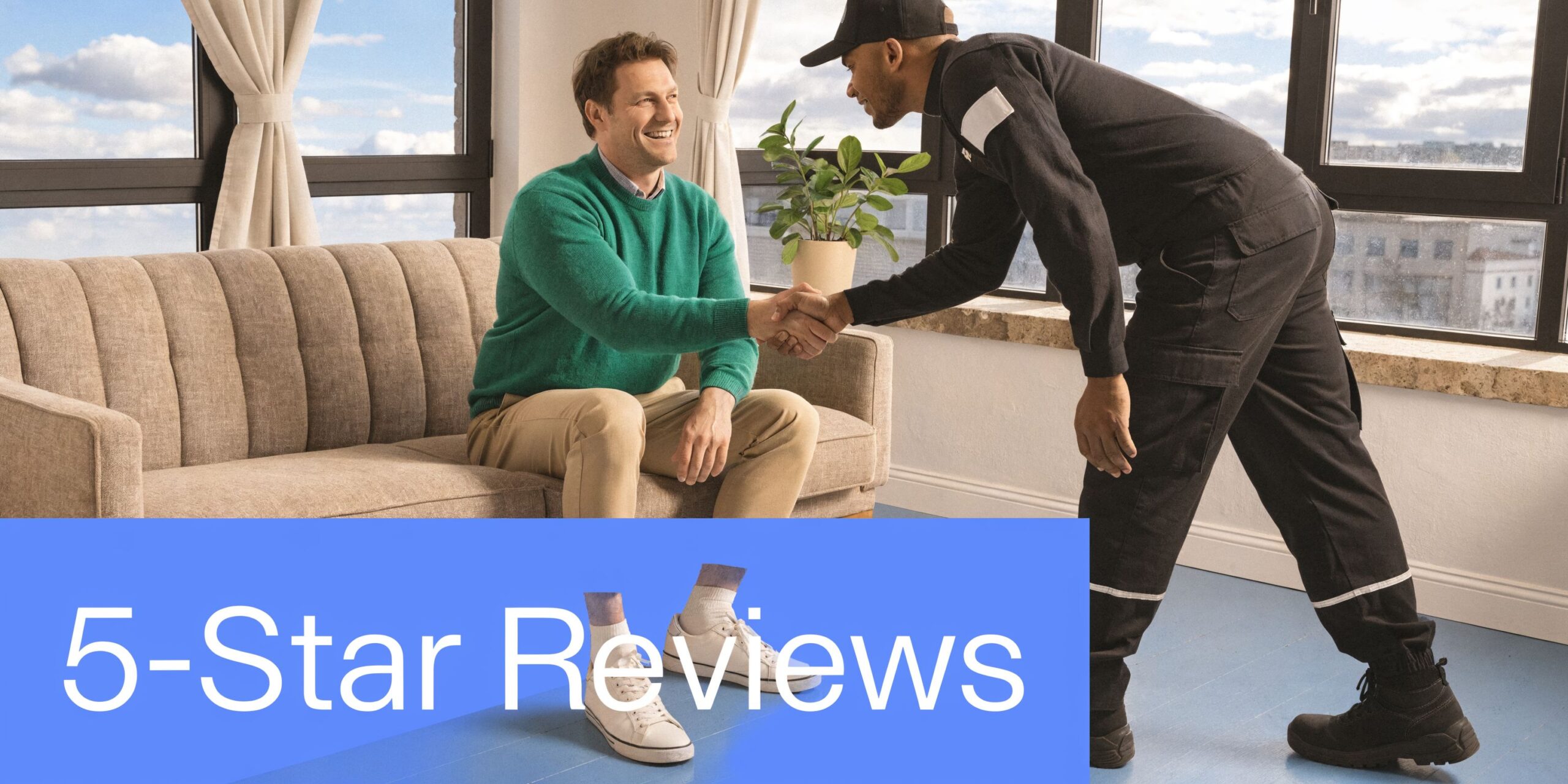 A service technician shakes hands with a smiling customer sitting on a sofa in a bright room.