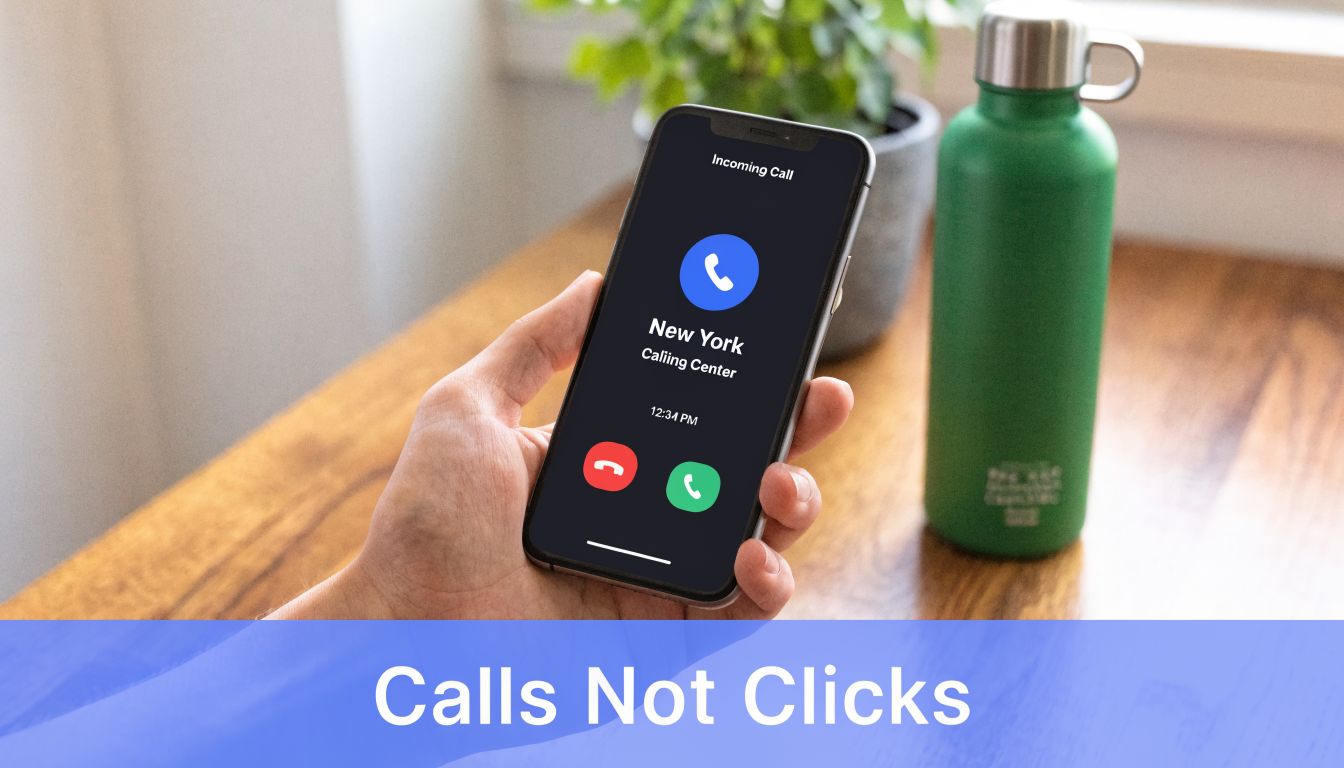 A hand holding a smartphone showing an incoming call from a New York calling center screen.