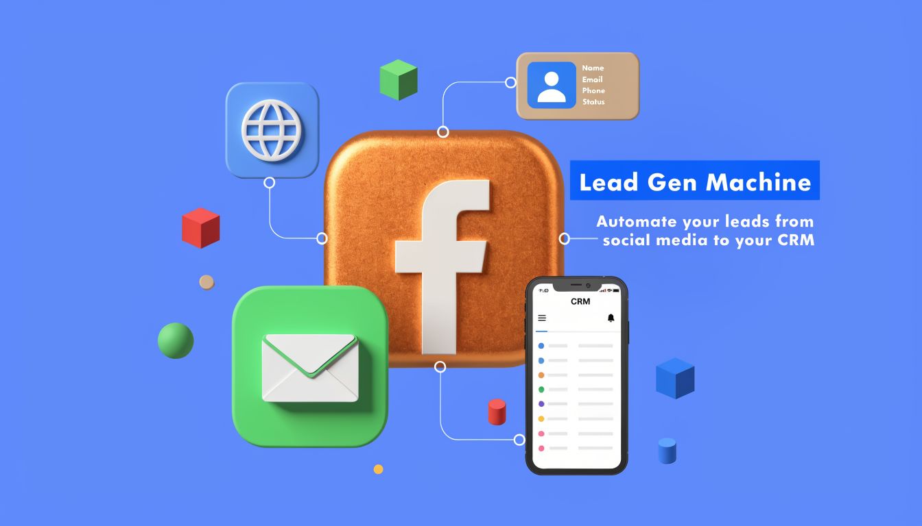 A 3D graphic showing the automation of lead generation from a Facebook page directly into a CRM.