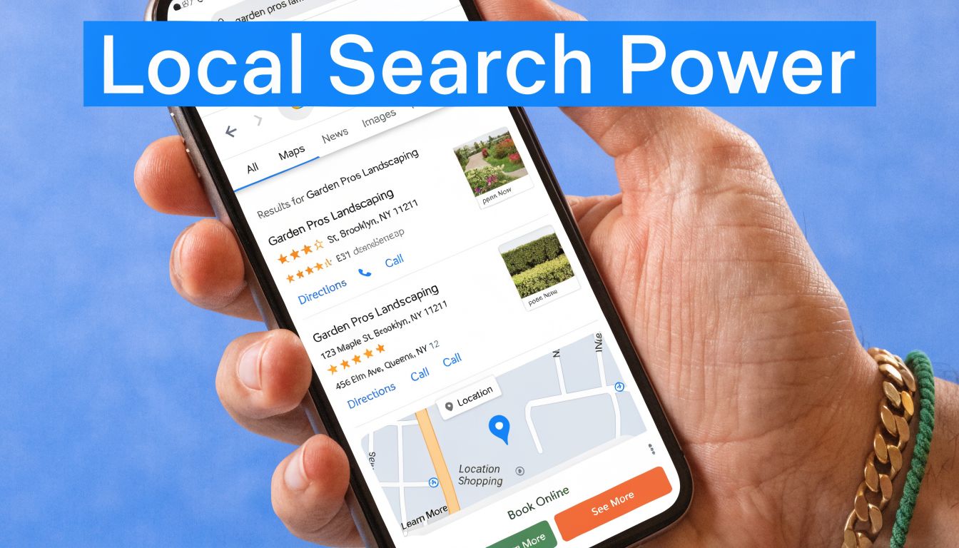 A person holding a smartphone showing local search results for landscaping services on a mobile browser interface.