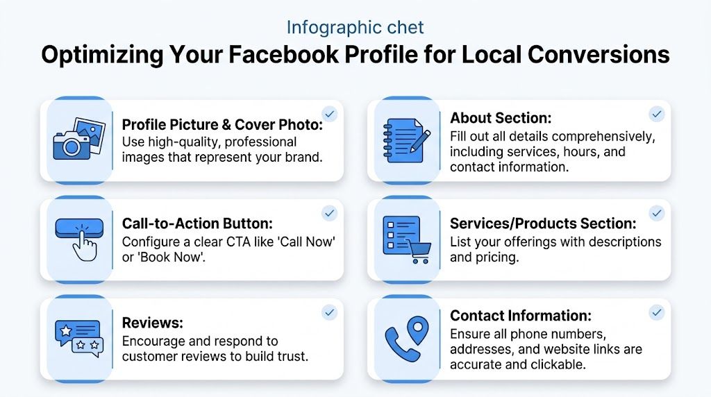 An infographic titled Optimizing Your Facebook Profile for Local Conversions, highlighting six key steps for business success.
