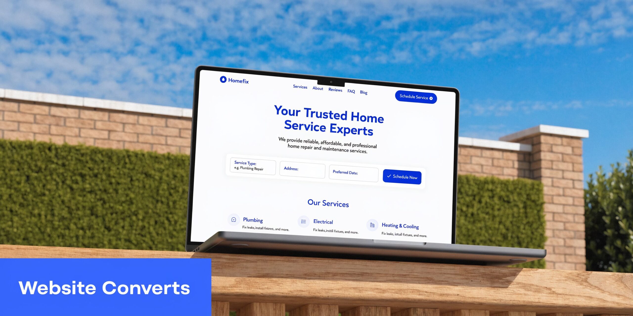 A laptop displaying a professional home service business website on a fence with a bright sky background.