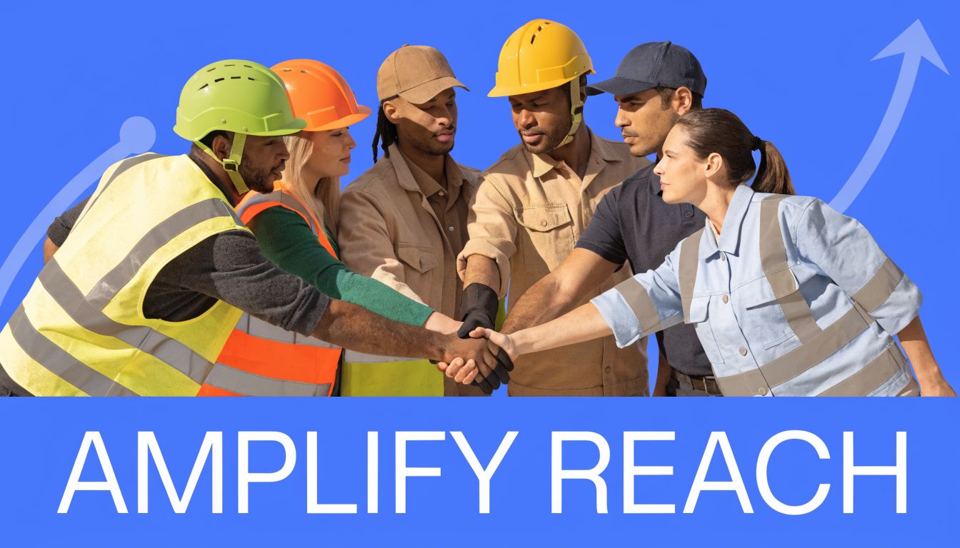 A diverse group of construction workers in safety gear stacking their hands together in a symbol of unity.