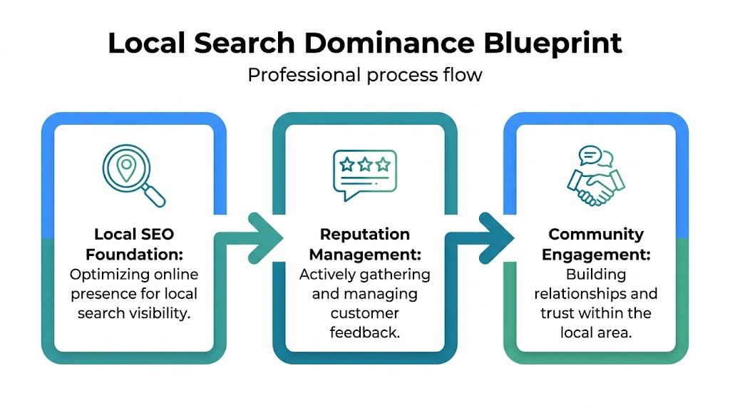 A flow chart titled Local Search Dominance Blueprint, outlining SEO foundation, reputation management, and community engagement strategies.