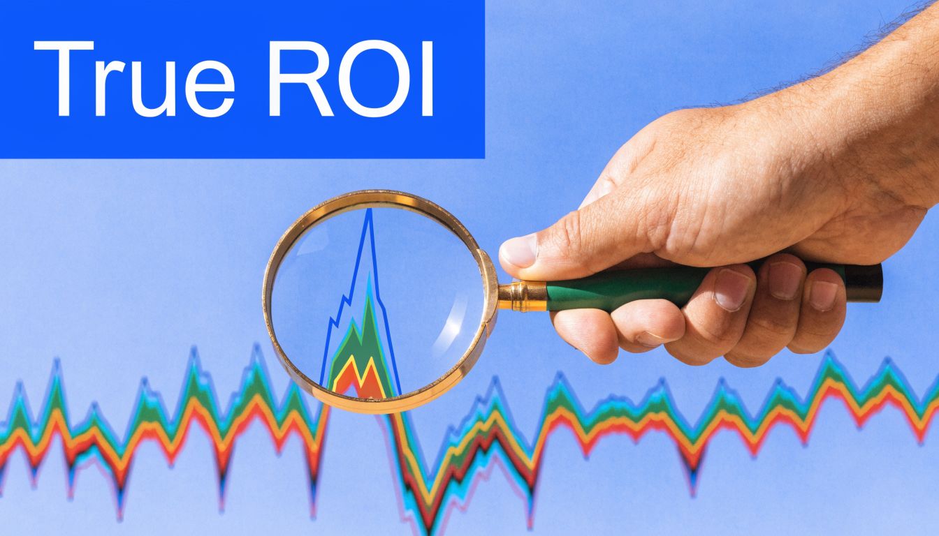 A hand holds a magnifying glass over a colorful line chart representing financial business data analysis.