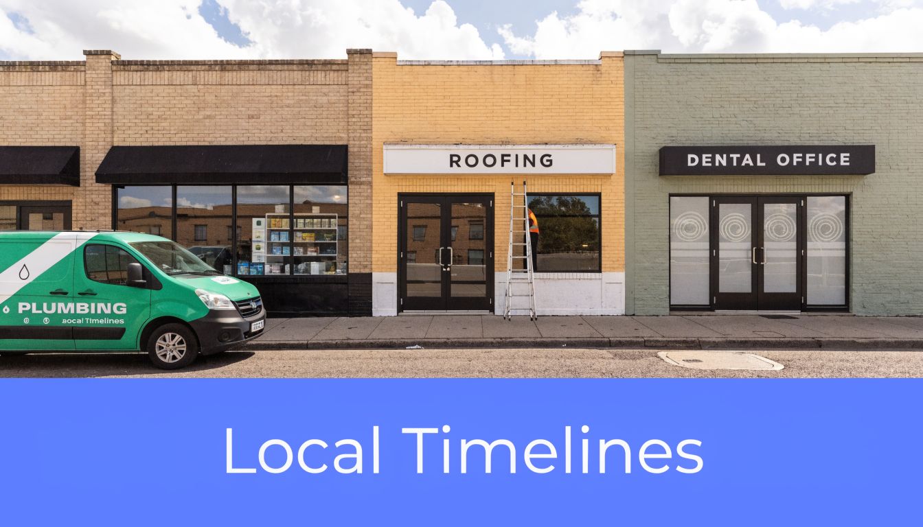 A green plumbing van parked in front of three store fronts including a roofing company and dental office.