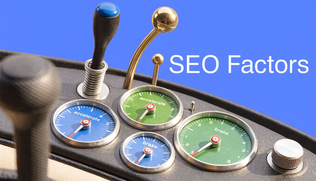 A creative control panel graphic with gauges labeled accelerate and brake, symbolizing SEO performance optimization strategies.