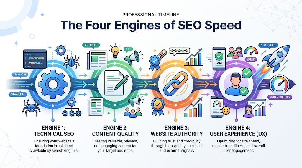 An infographic titled The Four Engines of SEO Speed illustrating technical, content, authority, and user experience components.